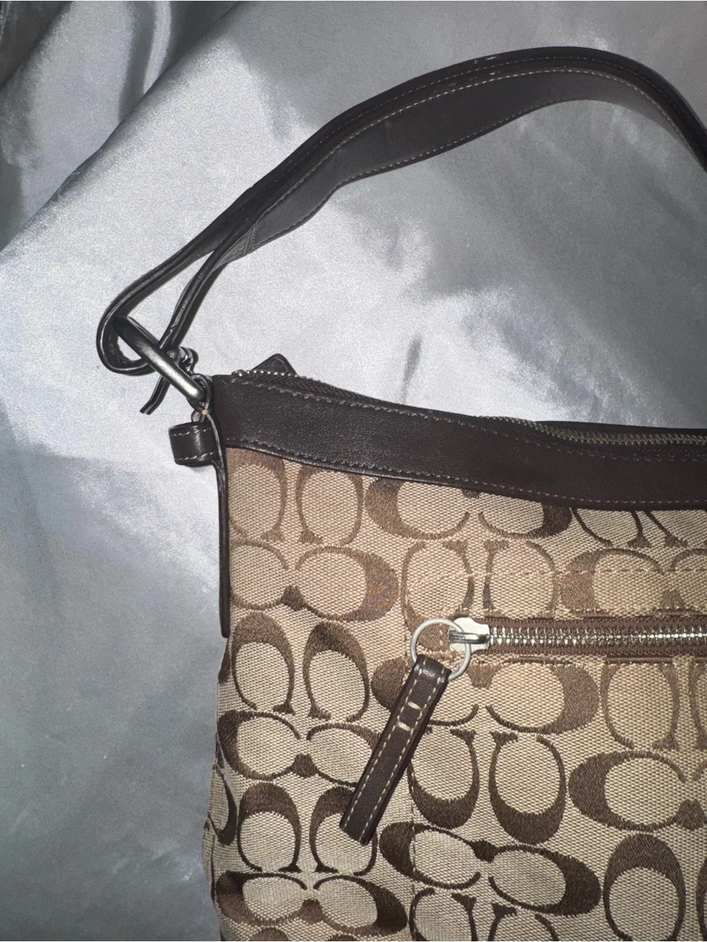 Coach Brown Signature Canvas Shoulder Bag with Dark Brown Leather Trim